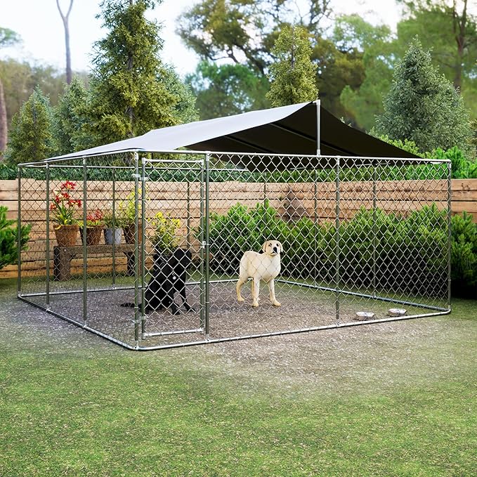 KELRIA Large Outdoor Dog Kennel with Waterproof Roof, Heavy Duty Dog Cage w/Secure Lock, Galvanized Steel Dog Fence House Enclosure, Dog Playpen for Outside Backyard, Silver (177.6x177.6x91.2 in)