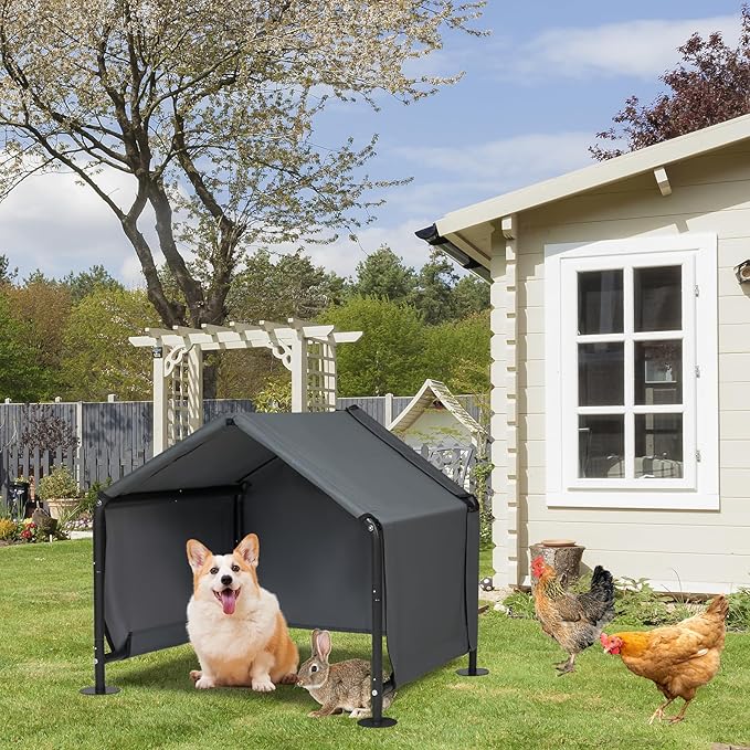 Dog Shades for Outside - Outdoor Dog Kennel for Small Dogs, 29.53”x25.59”x25.59” Outdoor Sun Rain Canopy Pet House, Waterproof Pet Canopy Shelter for Small Animals with Ground Nails