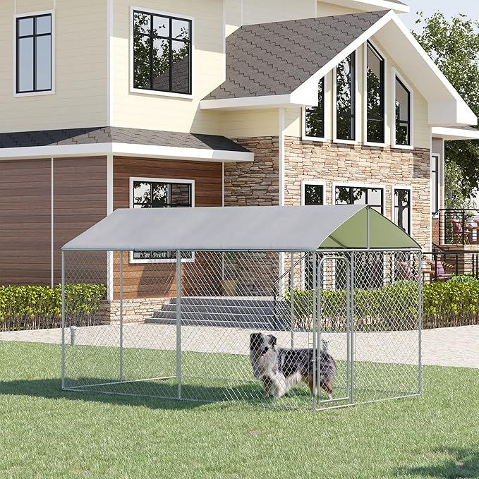 PawHut Large Dog Kennel Outside, Heavy Duty Dog Cage with Waterproof Cover, Outdoor Fence Dog Run with Galvanized Chain Link, Secure Lock, 13' x 7.5' x 7.5'