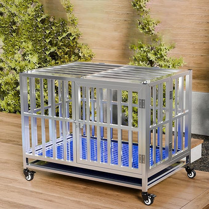 Collapsible Stainless Steel Dog Crate, 30" 37" 42" 48" Sizes, Lockable Wheel, with Tray, Stackable, Heavy Duty, Divider, Indoor and Outdoor （30in Size is Suitable for Small Pets only）