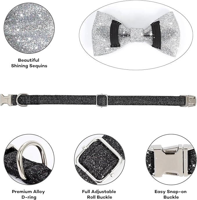 Bling Bow Tie Dog Collar and Leash Set, Cute Black Boy Dog Collar with Bow and 5ft Leash for Small Medium Dogs Daily Walking or Holiday Party (Neck fit 11-16’’)