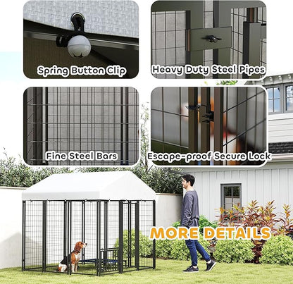 PawHut 5.9' x 5.9' x 6' Outdoor Dog Kennel, Welded Wire Heavy Duty Dog Run with 360° Rotating & 4 Level Adjustable Bowls, Dog Kennel Outside with Waterproof & UV Resistant Cover, for Large Dogs