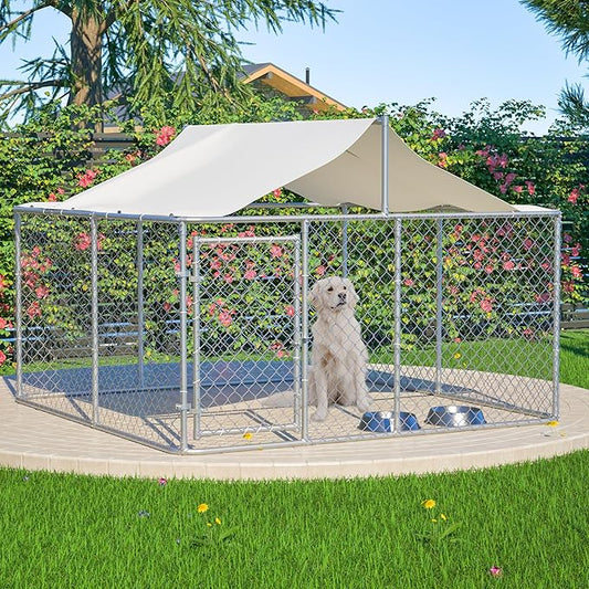Outdoor Dog Enclosure,Heavy Duty Dog Kennel House Mesh Outside,Galvanized Chain Link Dog Run with Roof,Dog Cage Large Dogs,Dog Pen,Pet Kennel W/Waterproof Anti-UV Cover&Secure Lock for Large Dog