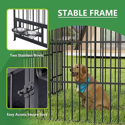 Ball & Cast 47" Outdoor Dog Kennel for 91+ lbs Dogs,Lockable Swivel Door with Bowl Rack & 2 Stainless Bowls,Waterproof Metal Roofed Pet Run Enclosure,Easy to Clean & Assemble,Black