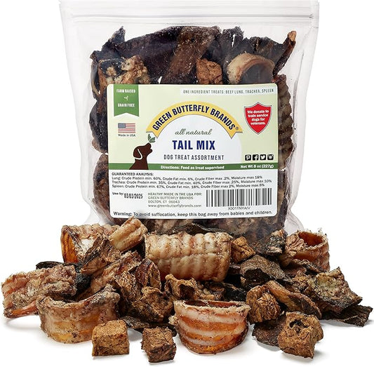 Tail Mix – Dog Treats Made in USA Only – All Natural Beef Bites – 1 Ingredient Grain Free Assortment – Beef Lung, Trachea and Spleen – Dog Treats for Training, 8 Ounces