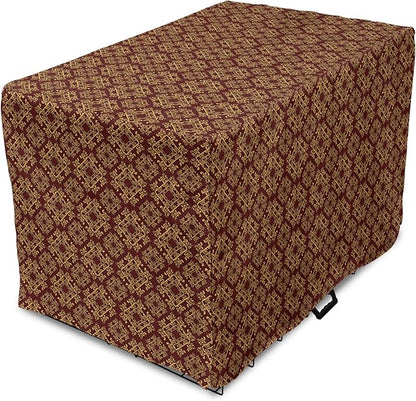 Lunarable Burgundy Dog Crate Cover, Royal Victorian Pattern with Antique Design Elements Baroque Swirls Squares, Easy to Use Pet Kennel Cover for Medium Large Dogs, 36 Inch, Burgundy Mustard