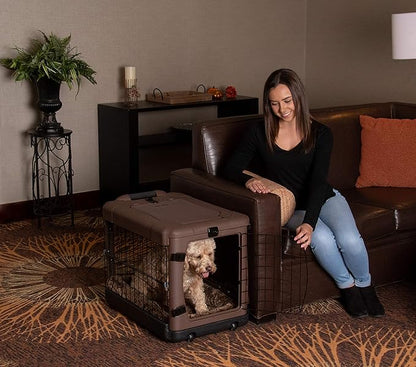 Pet Gear “The Other Door” 4 Door Steel Crate for Dogs/Cats with Garage-Style Door, Includes Plush Bed + Travel Bag, No Tools Required, Espresso