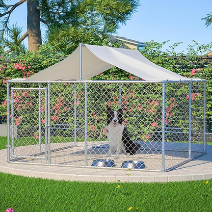 Outdoor Dog Enclosure,Heavy Duty Dog Kennel House Mesh Outside,Galvanized Chain Link Dog Run with Roof,Dog Cage Large Dogs,Dog Pen,Pet Kennel W/Waterproof Anti-UV Cover&Secure Lock for Large Dog