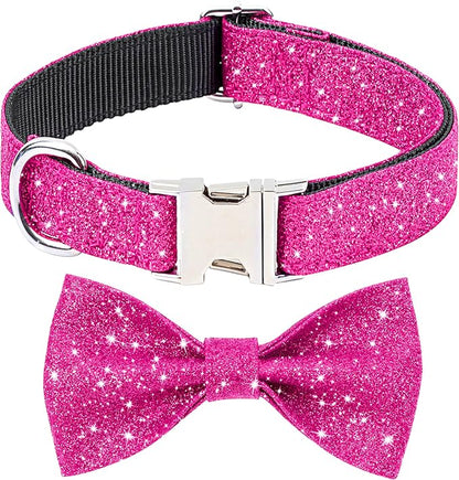 Bling Bow Tie Dog Collar and Leash Set, Cute Pink Girl Dog Collar with 5ft Leash for Small Medium Dogs Daily Walking or Holiday Party (Hot Pink, Neck fit 13-19’’)