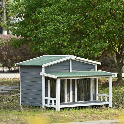 Merax 47" Outdoor Wooden Dog House with Porch, Asphalt Roof, 2" Height Raised Feet and Two Plastic Door Curtains, Brown