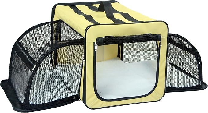 PET LIFE 'Capacious' Dual-Sided Expandable Spacious Wire Folding Collapsible Lightweight Pet Dog Crate Carrier House, Large, Khaki