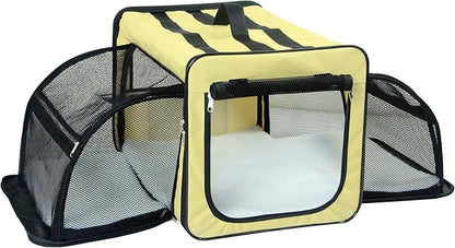 PET LIFE 'Capacious' Dual-Sided Expandable Spacious Wire Folding Collapsible Lightweight Pet Dog Crate Carrier House, Medium, Khaki