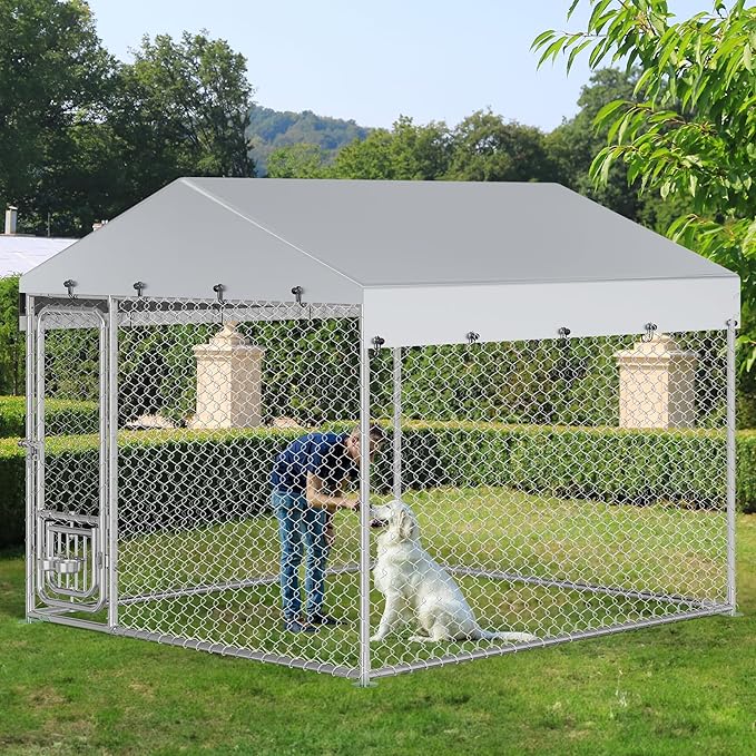 YITAHOME Outdoor Dog Kennel with Rotating Feeder Bowls, 7.5'x7.5' Outdoor Dog Enclosure with Roof, Heavy Duty Dog Cage for Medium Large Dogs
