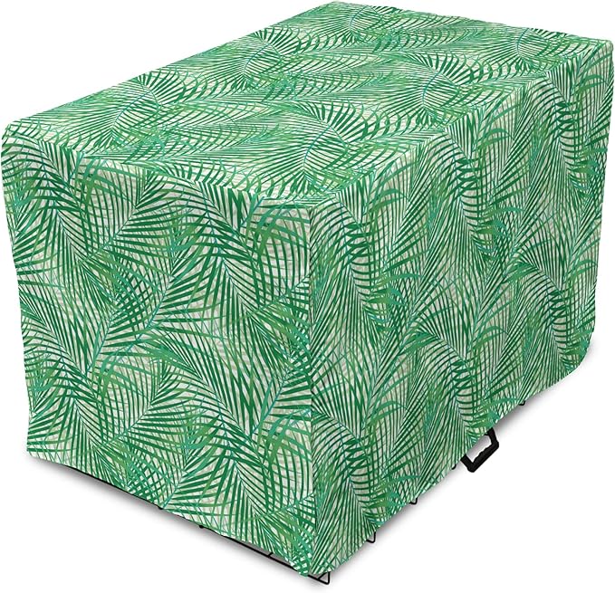 Lunarable Fern Pattern Dog Crate Cover, Background Illustration Covered with Palm Tree Leaves Art Print, Easy to Use Pet Kennel Cover for Medium Large Dogs, 42 Inch, White and Fern Green