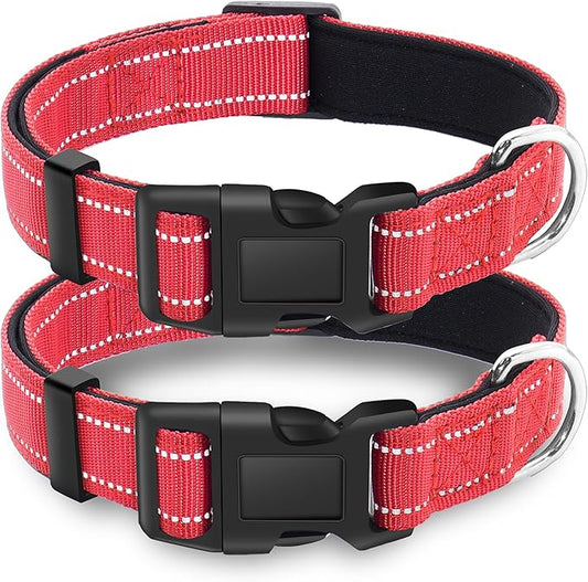 2 Pack Reflective Dog Collar with Safety Locking Buckle, Adjustable Soft Breathable Comfortable Nylon Pet Collar for Small, Medium and Large Dogs, Red, Mini Small