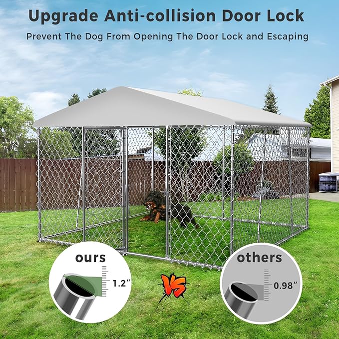 Upgraded 10×10×7FT Outdoor Dog Kennel with Roof, Large Dog House Pen Enclosure with Sidebar, Heavy Duty Chain Link Kennel with Lock for Outside Backyard