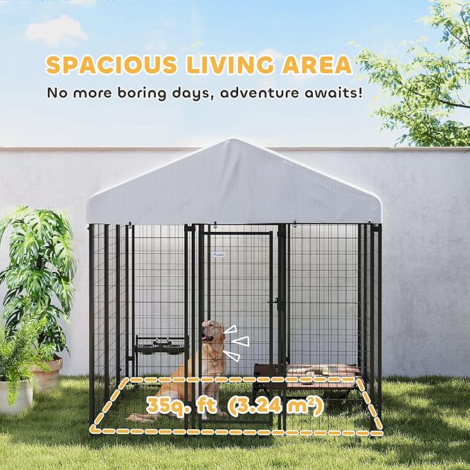 PawHut Outdoor Dog Kennel with Roof, 6' x 6' x 6' Heavy Duty Welded Wire Dog Playpen Enclosure with Escape-Proof Lock, UV-Resistant & Waterproof Cover, for Large Dogs, Silver