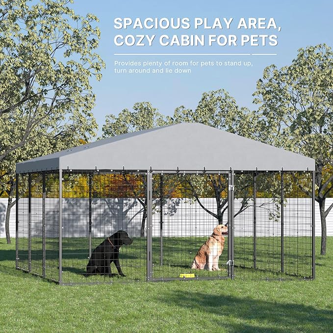 Kurapika Large Dog Kennel Outdoor Heavy Duty Dog Crate, Metal Frame Dog Fence with Secure Double-Lock Design, Easy Assembly, Weatherproof UV-Resistant Roof 118" L x 118" W x 70.9" H