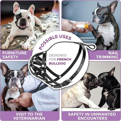 Soft Leather French Bulldog Muzzle – Frenchie Muzzle for Biting and Grooming – Short Snout Dog Muzzle for Small Brachycephalic Breed Dogs: Pug, Shih Tzu, Bulldogs, Boston Terrier (M Size)