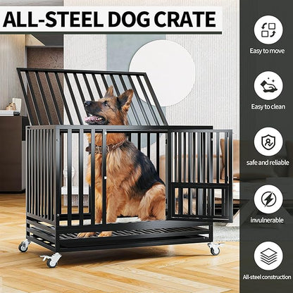 47" Heavy Duty Dog Crate,Indestructible Large Dog Cage,Escape Proof Dog Crate Dog Kennel,Two-Door Design with Wheels and Dog Crate Tray,Suitable for High Anxiety,Black