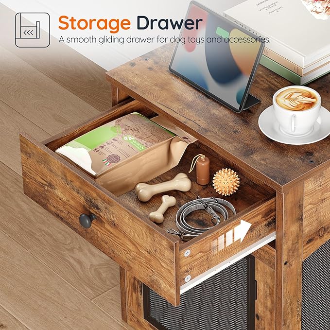 HOOBRO Dog Crate Furniture, Dog Kennel with Drawer and Charging Station, Indoor Decorative Puppy House, Wooden Pet Crate End Table for Small Dogs, Rustic Brown and Black BF58UGW03G1