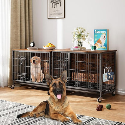 Dog Crate Furniture for Large Dogs, 38.6" L x 25.6" W x 26.8" H Indoor Kennel with Double Doors, Wheels & Removable Tray, Sturdy Dog Cage with Easy Assembly, Rustic Brown