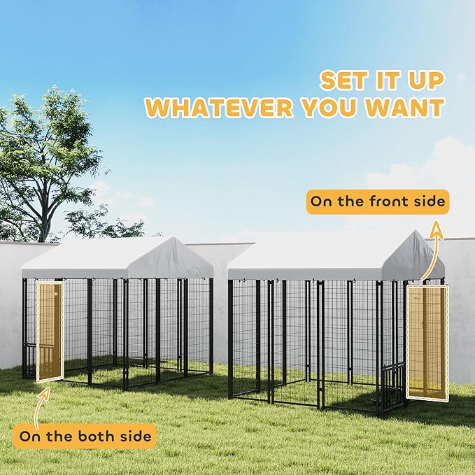 PawHut 5.9' x 5.9' x 6' Outdoor Dog Kennel, Welded Wire Heavy Duty Dog Run with 360° Rotating & 4 Level Adjustable Bowls, Dog Kennel Outside with Waterproof & UV Resistant Cover, for Large Dogs