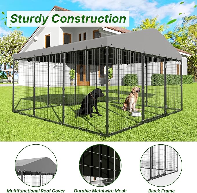 Kurapika Large Outdoor Dog Kennel, Heavy Duty Dog Cage with Waterproof Roof, Galvanized Steel Dog Fence with Double Secure Lock for Patio & Garden (118" L x 118" W x 70.9" H)
