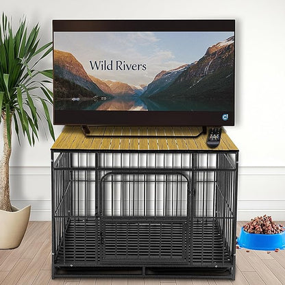 PetmystifyDog Crate Topper with Magnets for 42 Inch Crate - Aluminum Foldable Dog Kennel Topper Decorative Storage Pet Crate Table Light Brown (Only Topper)