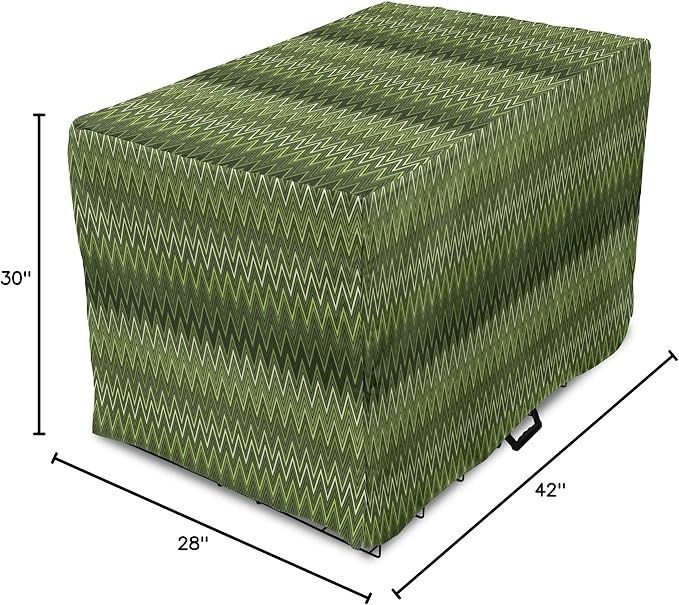 Lunarable Green Dog Crate Cover, Wavy Patterns with Triangular Shapes Abstract Zig Zag Motifs, Easy to Use Pet Kennel Cover for Medium Large Dogs, 42 Inch, Evergreen Olive Green