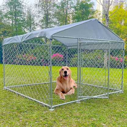 6.6 x 6.6FT Large Outdoor Dog Kennel, Anti-Rust Dog Kennel Outside with Roof, Heavy Duty Chain Link Dog Runs Cage for Outside Backy ard with Waterproof UV-Resistant Cover