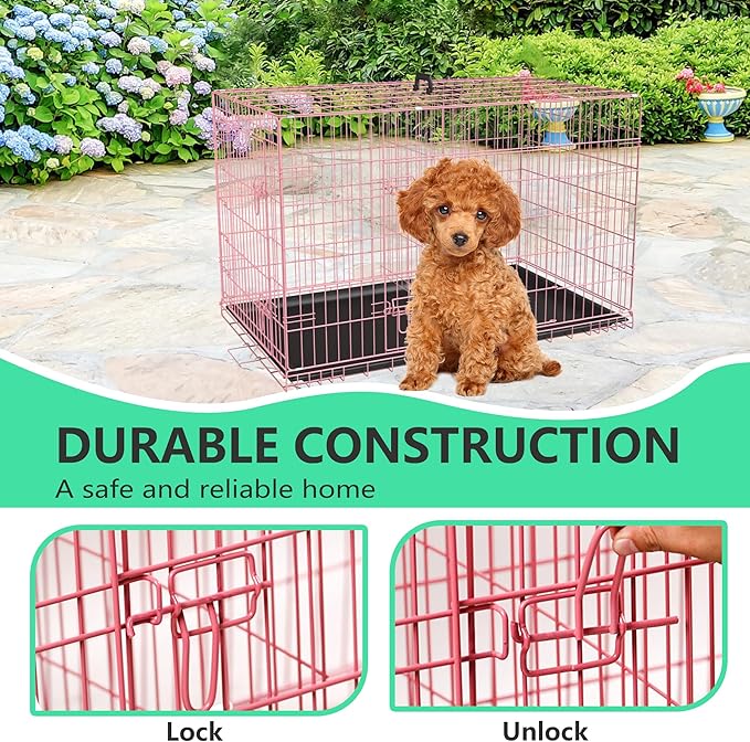 FDW 24 inch Dog Crate Dog Kennel Cage with Double Door Folding Metal Wire Dog Cage with Removable Tray&Divider Panel,Pet Crate for Small Dogs,Pink