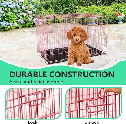 FDW 24 inch Dog Crate Dog Kennel Cage with Double Door Folding Metal Wire Dog Cage with Removable Tray&Divider Panel,Pet Crate for Small Dogs,Pink