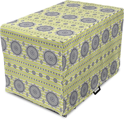 Lunarable Bohemian Mandala Dog Crate Cover, Floral Sun Motif on Brush Drawn Stripes with Dots, Easy to Use Pet Kennel Cover for Small Dogs Puppies Kittens, 22 Inch, Night Blue Yellow