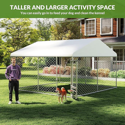 Rovibek 10x10 Ft Outdoor Dog Kennel, Outside Dog Kennel with Roof, Dog Kennels Outdoor with 2 Steel Dog Bowls, Outside Kennel for Large Dogs
