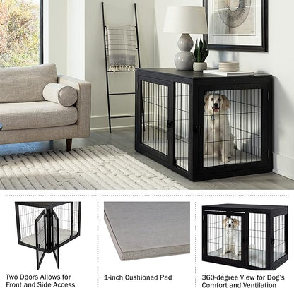 Furniture-Style Dog Crate - Acacia Wood Kennel for Large Dogs with Double Doors and Cushion - Dog Kennel Furniture by PETMAKER (Black)