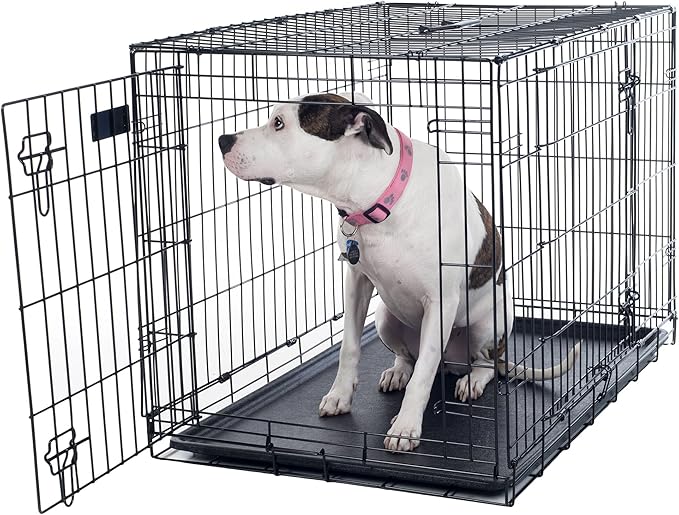 36-inch Dog Crate - Double Door Pet Kennel with Divider Panel - Foldable Dog Cage with Carry Handle for Portability and Storage by PETMAKER (Black)