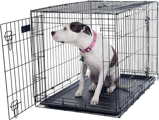 36-inch Dog Crate - Double Door Pet Kennel with Divider Panel - Foldable Dog Cage with Carry Handle for Portability and Storage by PETMAKER (Black)