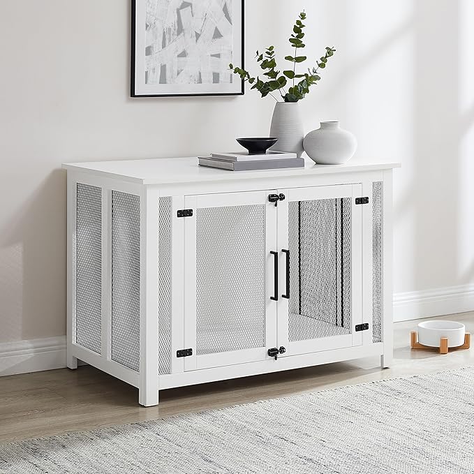 Crosley Furniture Dane Credenza Console Table Dog Crate Kennel for Pets, White