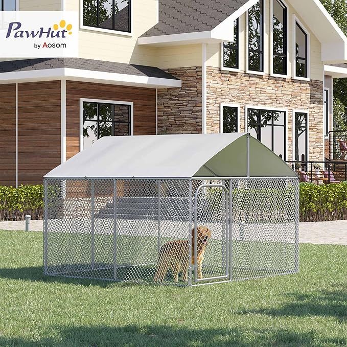PawHut Large Dog Kennel Outside, Heavy Duty Dog Cage with Waterproof Cover, Outdoor Fence Dog Run with Galvanized Chain Link, Secure Lock, 7.5' x 7.5' x 5.6'