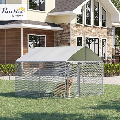 PawHut Large Dog Kennel Outside, Heavy Duty Dog Cage with Waterproof Cover, Outdoor Fence Dog Run with Galvanized Chain Link, Secure Lock, 7.5' x 7.5' x 5.6'