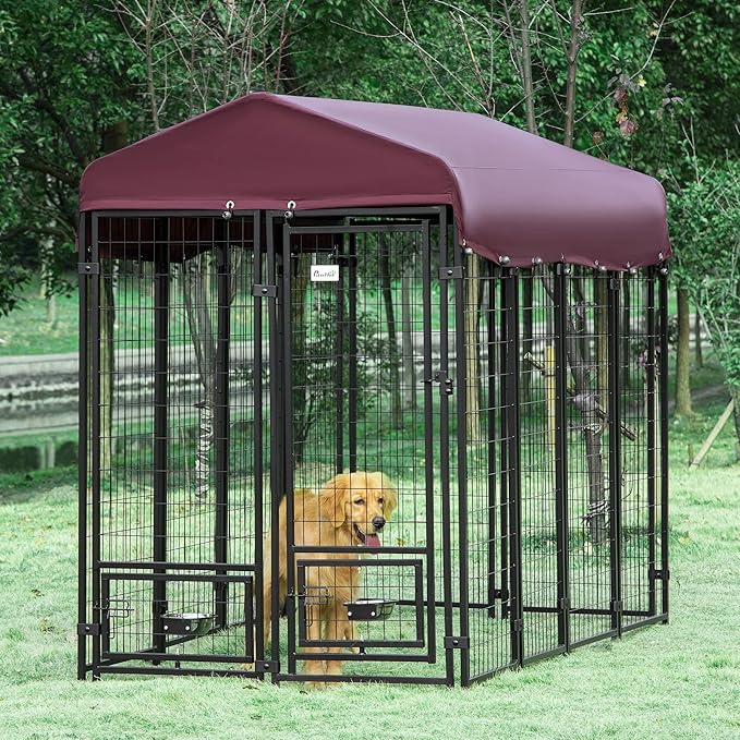 PawHut 8' x 4' x 6' Outdoor Dog Kennel with Rotating Bowl Holders, Walk-in Pet Playpen, Welded Wire Steel with Water and UV-Resistant Canopy, Red