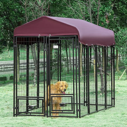 PawHut 8' x 4' x 6' Outdoor Dog Kennel with Rotating Bowl Holders, Walk-in Pet Playpen, Welded Wire Steel with Water and UV-Resistant Canopy, Red