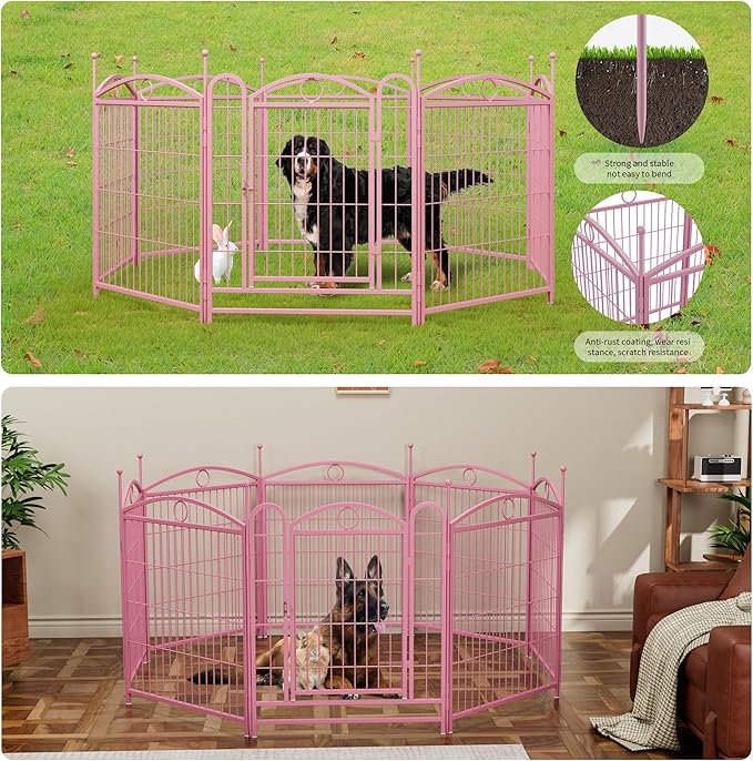 32" H Dog Crate Dog Playpen 8 Panels Furniture Heavy Duty Dog Fence Door with Side Openings,for Large Medium Small Dogs Indoor Outdoor Foldable Pet Exercise Pen,Pink