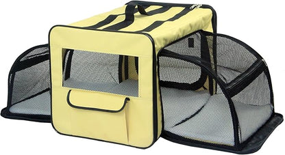 PET LIFE 'Capacious' Dual-Sided Expandable Spacious Wire Folding Collapsible Lightweight Pet Dog Crate Carrier House, Large, Khaki
