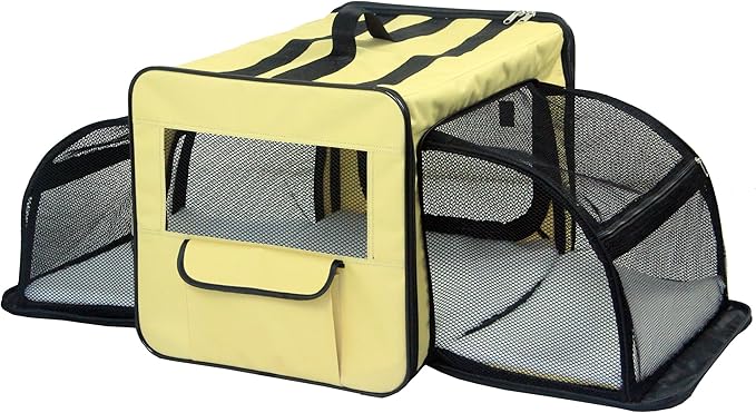 PET LIFE 'Capacious' Dual-Sided Expandable Spacious Wire Folding Collapsible Lightweight Pet Dog Crate Carrier House, Medium, Khaki