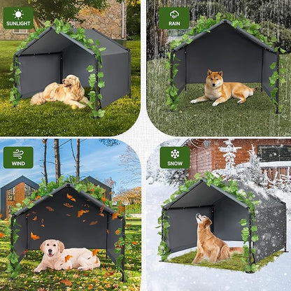 Large Dog Shade Shelter Outdoor Tent Dog House for Large Medium Dogs, Outside Sun Rain Canopy Pet House for Homeless Cats Pigs Livestock with Rainproof Cover with Artificial Grapevine Leaves