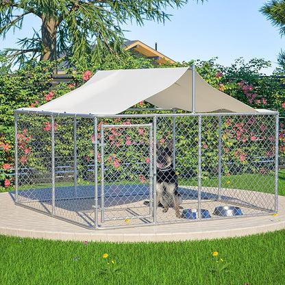 Large Outdoor Dog Kennel, Heavy Duty Galvanized Steel Dog Enclosure, Chicken Coop with Waterproof UV-Resistant Cover, Lockable Door Chain Link for Small & Large Pets, Backyard (90" L x 90" W x 65" H)
