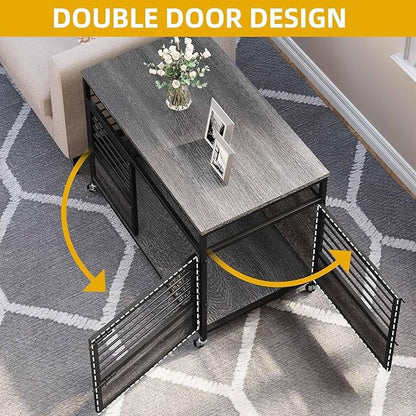 DWVO Dog Crate Furniture, 39 Inch Dog Kennel Indoor Furniture End Table for Dogs, Modern Decorative Wooden Cage with Wheels, Chew-Resistant, Dark Grey