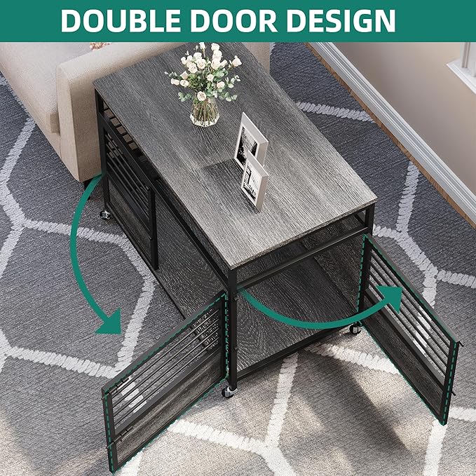 YITAHOME 39" Dog Crate Furniture with Wheels, Farmhouse Decorative Wood Dog Cage End Table Chew-Resistant Wooden Dog Kennel Indoor for Small Dogs, Grey